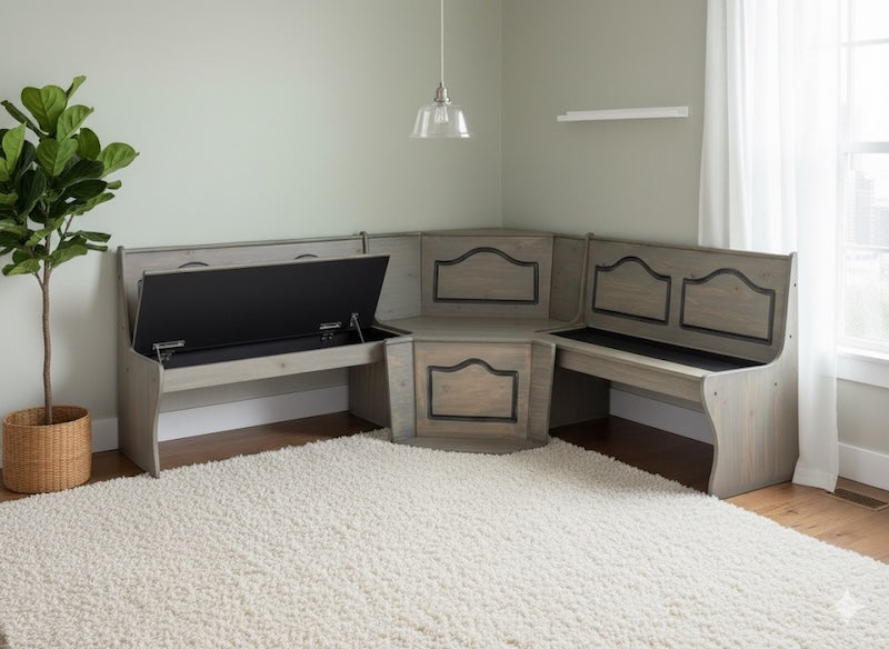 Corner bench with storage in a room with a plant and window