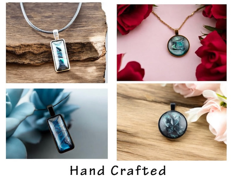 Collage of handcrafted pendants with 'Lake Life Artisans' branding.
