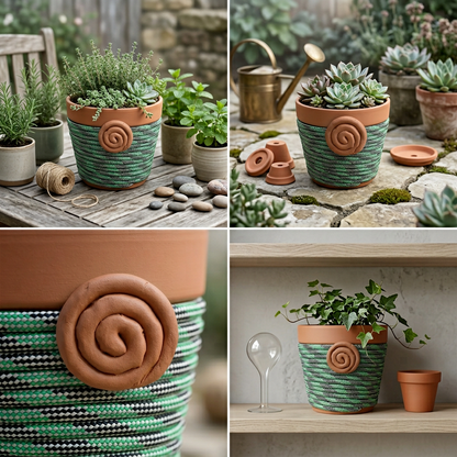 6" Terra Cotta Planter - Green and Black 5